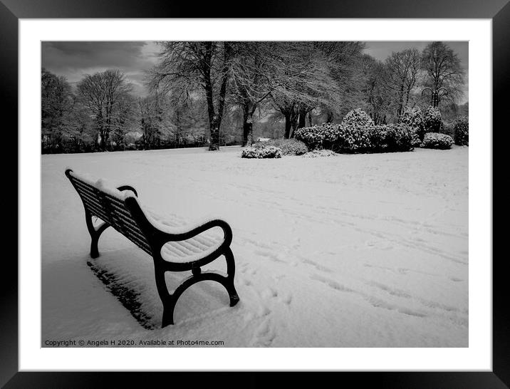 Snowy Bench Framed Mounted Print by Angela H