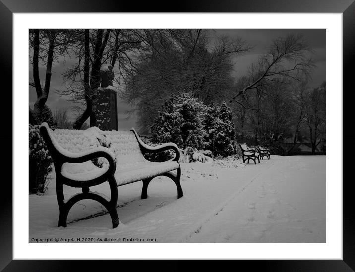 Snowy benches  Framed Mounted Print by Angela H