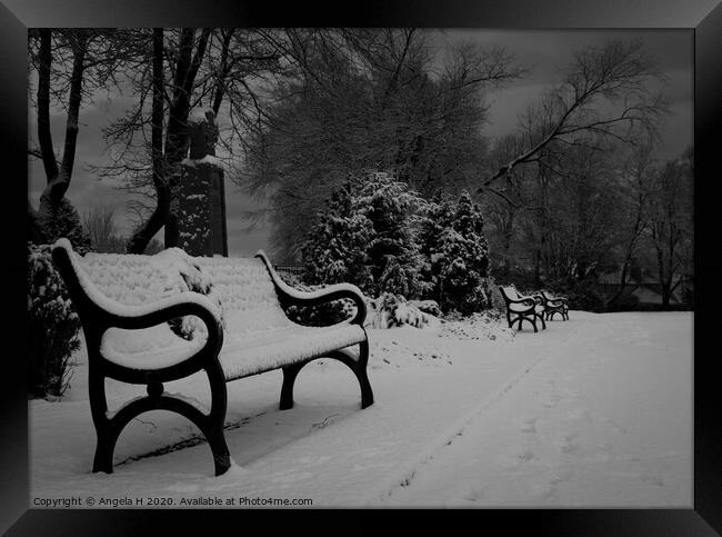 Snowy benches  Framed Print by Angela H