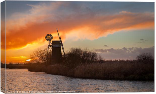 Norfolk Turf Fen Windmill at Sunset Canvas Print by David Powley