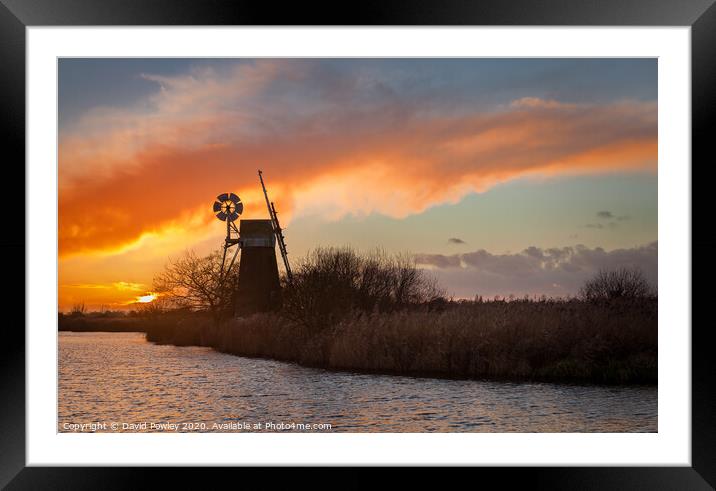 Norfolk Turf Fen Windmill at Sunset Framed Mounted Print by David Powley