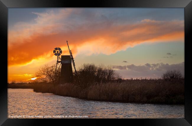 Norfolk Turf Fen Windmill at Sunset Framed Print by David Powley
