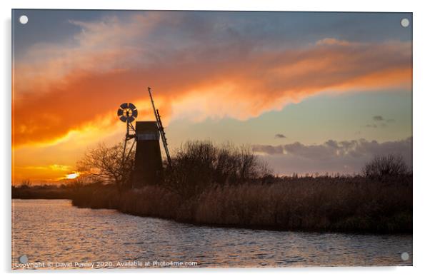 Norfolk Turf Fen Windmill at Sunset Acrylic by David Powley