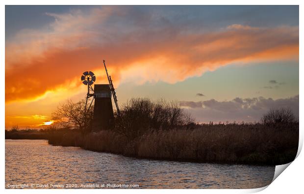 Norfolk Turf Fen Windmill at Sunset Print by David Powley