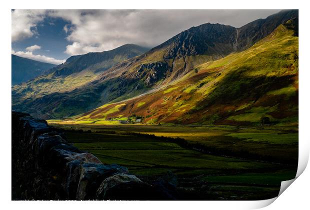 Sun dappled mountains in Snowdonia Print by Peter Taylor