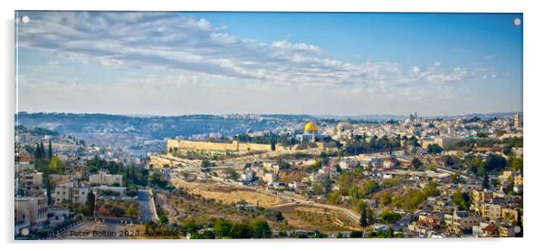 Panoramic view of the City of Jerusalem from one of the surrounding hills, Israel. Acrylic by Peter Bolton