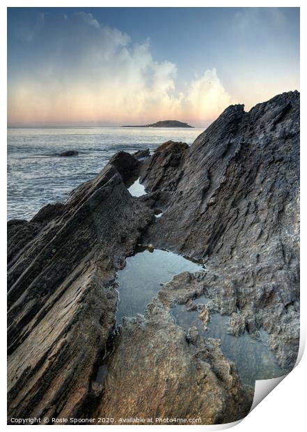 Rock Pools view of Looe island Print by Rosie Spooner