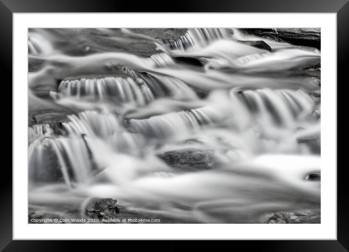 Detail of waterfalls in a stream taken as a long t Framed Mounted Print by Colin Woods