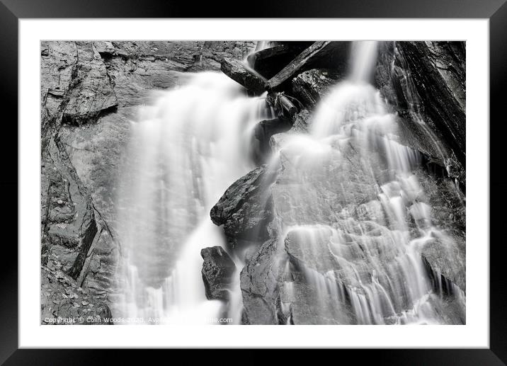 Detail of waterfalls in a stream taken as a long time exposure Framed Mounted Print by Colin Woods