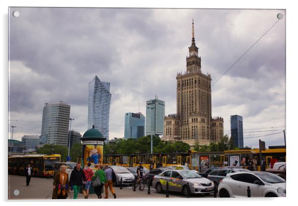 Warsaw, Poland - June 01, 2017: Cityscape showing people and traffic against Palace of Culture and sciences one of the main travel attractions, symbol of Warsaw city located in central Europe Acrylic by Arpan Bhatia