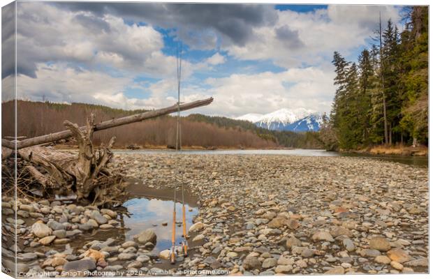 Two fly fishing rods on a dead tree on a river in British Columbia Canvas Print by SnapT Photography