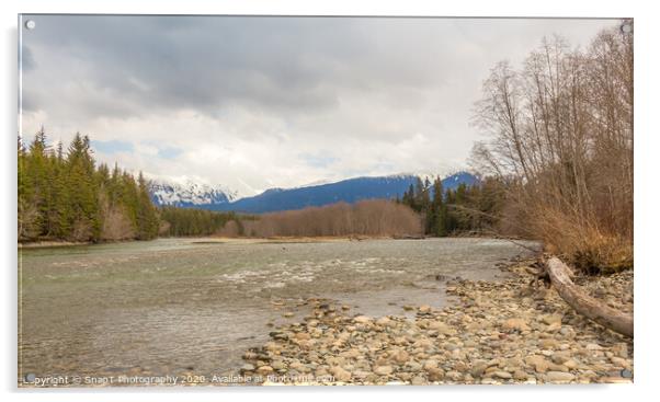 A cold Kalum River in Spring, with Mount Garland in the background Acrylic by SnapT Photography