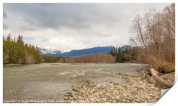 A cold Kalum River in Spring, with Mount Garland in the background Print by SnapT Photography