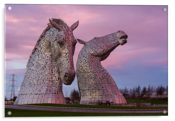 The Kelpies at sunset. Acrylic by Tommy Dickson