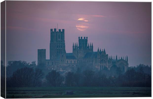 Moonset behind Ely Cathedral, 30th December 2020 Canvas Print by Andrew Sharpe