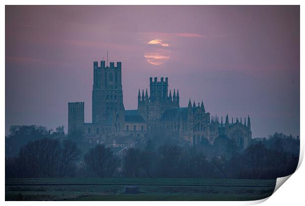 Moonset behind Ely Cathedral, 30th December 2020 Print by Andrew Sharpe