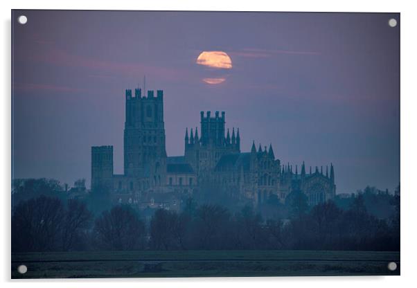 Moonset behind Ely Cathedral, 30th December 2020 Acrylic by Andrew Sharpe