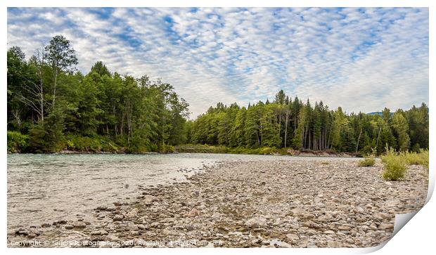 Sunset over the fast flowing Kitimat River in British Columbia, Canada Print by SnapT Photography