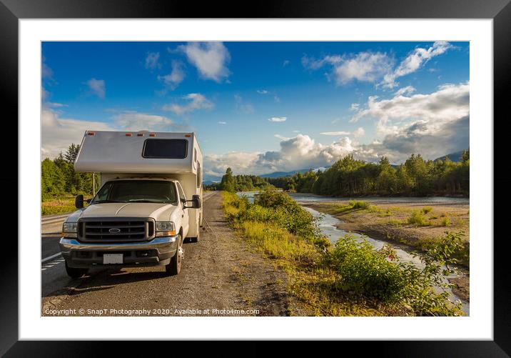 Campervan parked beside the Kitimat River in the evening sun. Framed Mounted Print by SnapT Photography