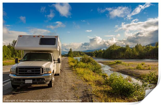 Campervan parked beside the Kitimat River in the evening sun. Print by SnapT Photography