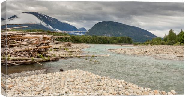 Log jam at the Shames and Skeena River confuence, on a cloudy day, with forest and mountains in the background. Canvas Print by SnapT Photography