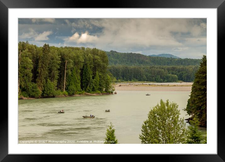 Fishermen fishing for salmon on the Skeena River below Terrace, during a cloudy day in summer, in British Columbia, Canada Framed Mounted Print by SnapT Photography