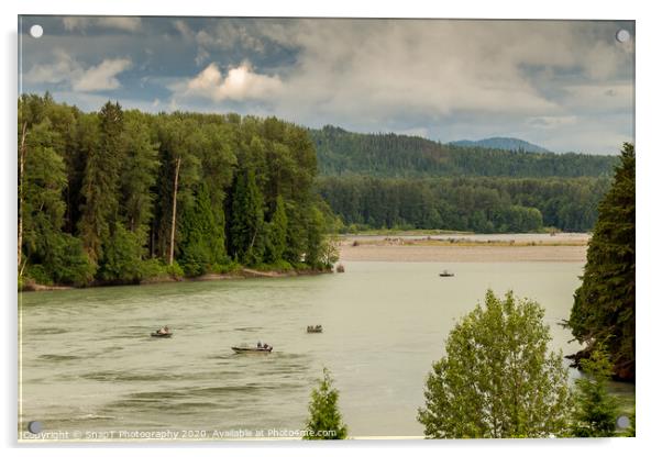 Fishermen fishing for salmon on the Skeena River below Terrace, during a cloudy day in summer, in British Columbia, Canada Acrylic by SnapT Photography