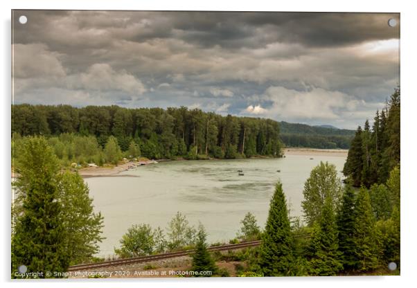 Fishermen fishing for salmon on the Skeena River below Terrace, during a cloudy day in summer, beside the CN Railway Line. Acrylic by SnapT Photography