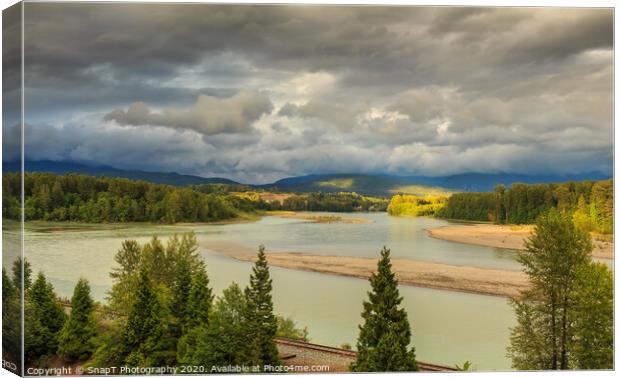 Looking upstream on the Skeena River towards Terrace, beside the CN Railway Line. Canvas Print by SnapT Photography