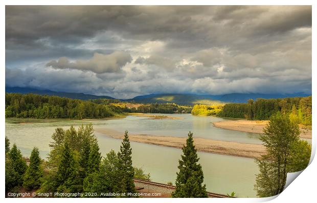 Looking upstream on the Skeena River towards Terrace, beside the CN Railway Line. Print by SnapT Photography