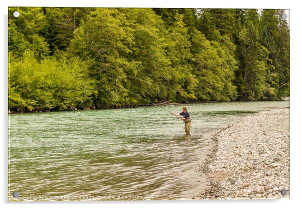 A fly fisherman spey casting, while wading in the fast flowing Kitimat River Acrylic by SnapT Photography