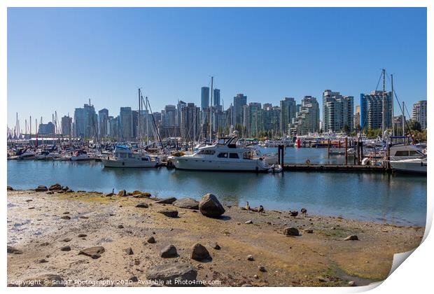 The Vancouver skyline across Coal Harbour from the sea wall on Stanley Park Print by SnapT Photography