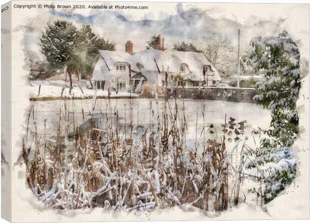 The Old English Cottage in Winters Snow, Watercolo Canvas Print by Philip Brown