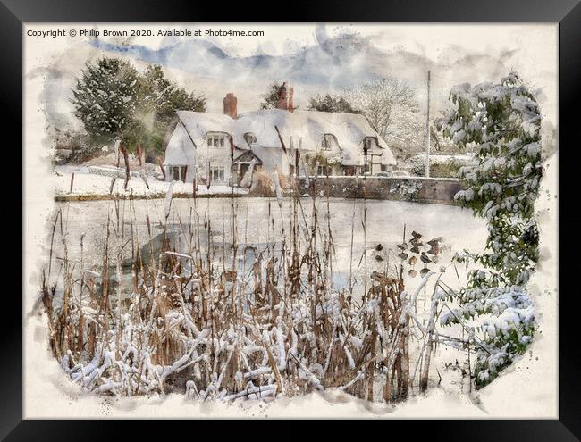 The Old English Cottage in Winters Snow, Watercolo Framed Print by Philip Brown