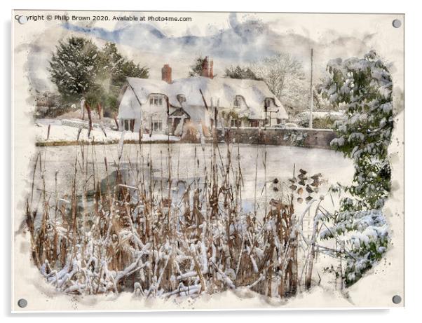 The Old English Cottage in Winters Snow, Watercolo Acrylic by Philip Brown