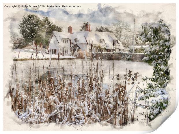 The Old English Cottage in Winters Snow, Watercolo Print by Philip Brown