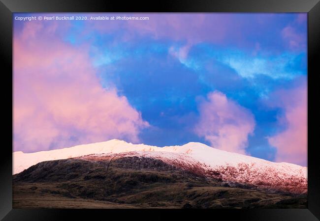 Snowdon in the Pink at Sunset Framed Print by Pearl Bucknall