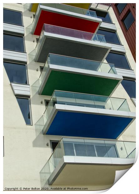 An abstract pattern formed by balconies in an apartment block at Westcliff on Sea, Essex, UK. Print by Peter Bolton