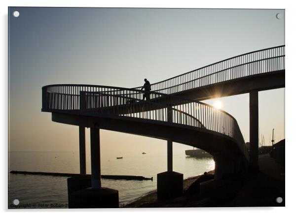 An 'abstract style' footbridge in silhouette at Leigh on Sea, Essex, UK. Acrylic by Peter Bolton