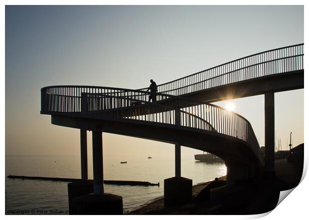 An 'abstract style' footbridge in silhouette at Leigh on Sea, Essex, UK. Print by Peter Bolton