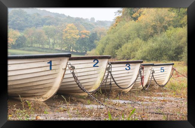Boats Chained up at the side of the lake Framed Print by nathan jeffery