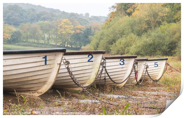 Boats Chained up at the side of the lake Print by nathan jeffery