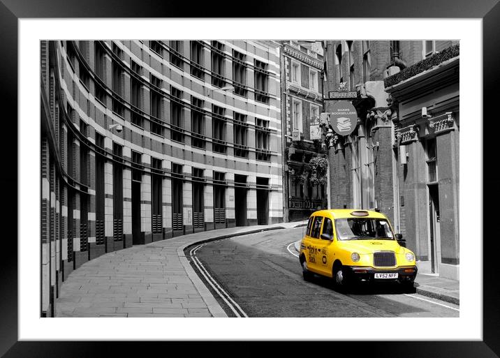 Yellow Taxi in London Framed Mounted Print by Jim Hughes