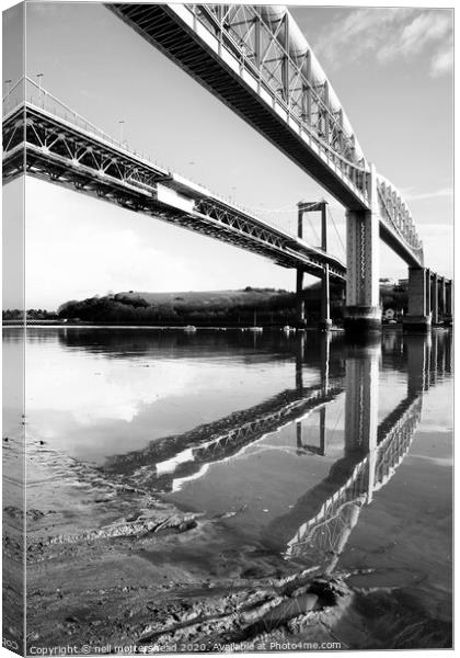 Tamar Bridges Reflections. Canvas Print by Neil Mottershead