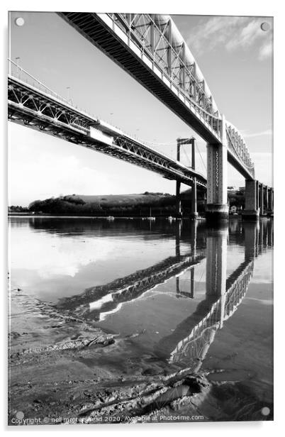 Tamar Bridges Reflections. Acrylic by Neil Mottershead