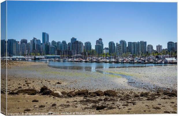 Low tide in Coal Harbour, Vancouver, on a summers day, from Stanley Park Canvas Print by SnapT Photography