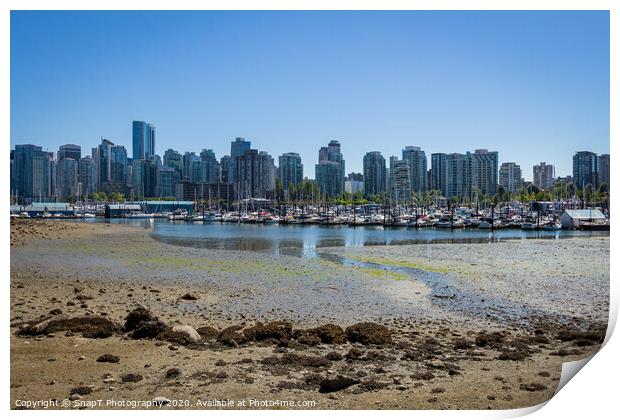 Low tide in Coal Harbour, Vancouver, on a summers day, from Stanley Park Print by SnapT Photography