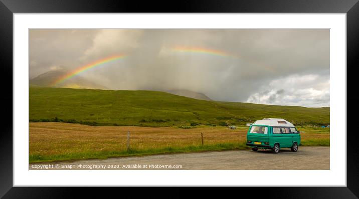 An old green camper van in the shadow of misty mountains and a rainbow Framed Mounted Print by SnapT Photography