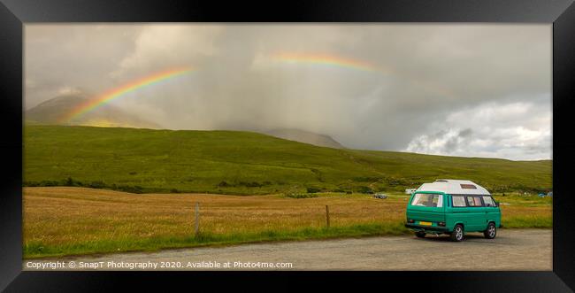 An old green camper van in the shadow of misty mountains and a rainbow Framed Print by SnapT Photography