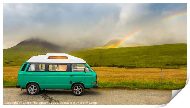 An old green camper van in the shadow of misty mountains and a rainbow Print by SnapT Photography